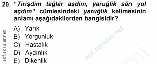 20. soru: "Tirişdim tağlär aşdim, yaruğlik särı yol açdim" cümlesindeki yaruğlik kelimesinin anlamı aşağıdakilerden hangisidir?…