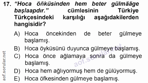 17. soru: "Hoca öñküsinden hem beter gülmääge başlaapdır." cümlesinin Türkiye Türkçesindeki karşılığı aşağıdakilerden hangisidi…