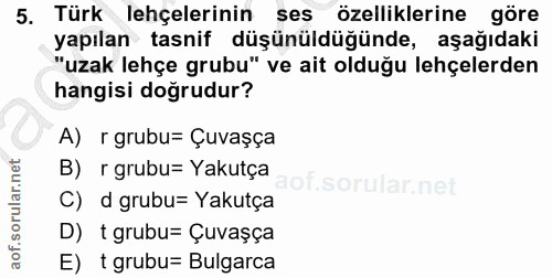 5. soru: Türk lehçelerinin ses özelliklerine göre yapılan tasnif düşünüldüğünde, aşağıdaki "uzak lehçe grubu" ve ait olduğu le…