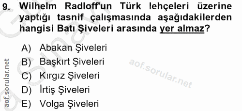 9. soru: Wilhelm Radloffun Türk lehçeleri üzerine yaptığı tasnif çalışmasında aşağıdakilerden hangisi Batı Şiveleri arasında y…