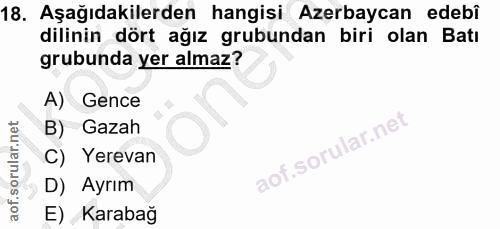 18. soru: Aşağıdakilerden hangisi Azerbaycan edebî dilinin dört ağız grubundan biri olan Batı grubunda yer almaz? A) Gence B) G…