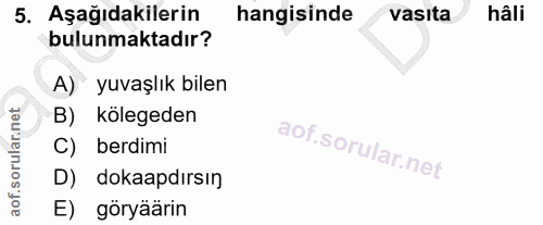 5. soru: Aşağıdakilerin hangisinde vasita hâli bulunmaktadır? A) yuvaşlık bilen B) kölegeden C) berdimi D) dokaapdırsın E) gör…