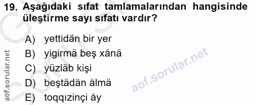 19. soru: Aşağıdaki sıfat tamlamalarından hangisinde üleştirme sayı sıfatı vardır? A) yettidan bir yer B) yigirmä beş xănä C) y…