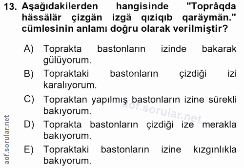 13. soru: Aşağıdakilerden hangisinde "Topråqda hässälär çizgän izgä qıziqıb qaräymän." cümlesinin anlamı doğru olarak verilmişt…