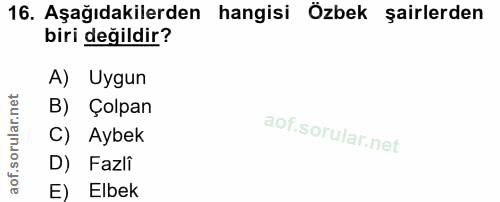 16. soru: Aşağıdakilerden hangisi Özbek şairlerden biri değildir? A) Uygun B) Çolpan C) Aybek D) Fazli E) Elbek