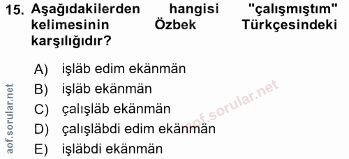15. soru: Aşağıdakilerden hangisi "çalışmıştım" kelimesinin Özbek Türkçesindeki karşılığıdır? A) işläb edim ekänmän B) işläb ek…