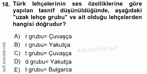 18. soru: Türk lehçelerinin ses özelliklerine göre yapılan tasnif düşünüldüğünde, aşağıdaki "uzak lehçe grubu" ve ait olduğu le…