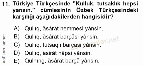 11. soru: Türkiye Türkçesinde "Kulluk, tutsaklık hepsi yansın." cümlesinin Özbek Türkçesindeki karşılığı aşağıdakilerden hangis…