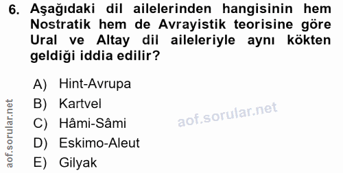 6. soru: Aşağıdaki dil ailelerinden hangisinin hem Nostratik hem de Avrayistik teorisine göre Ural ve Altay dil aileleriyle ay…