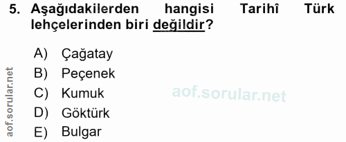 5. soru: Aşağıdakilerden hangisi Tarihi Türk lehçelerinden biri değildir? A) Çağatay B) Peçenek C) Kumuk D) Göktürk E) Bulgar