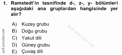 1. soru: Ramstedt'in tasnifinde d-, z-, y- bölümleri aşağıdaki ana gruplardan hangisinde yer alır? A) Kuzey grubu B) Doğu grub…