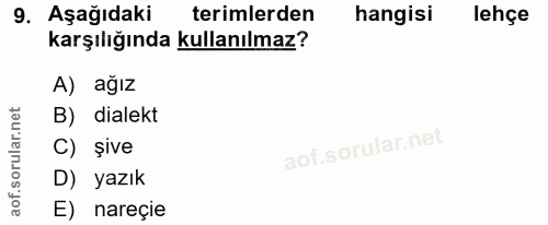 9. soru: Aşağıdaki terimlerden hangisi lehçe karşılığında kullanılmaz? A) ağız B) dialekt C) șive D) yazık E) nareçie
