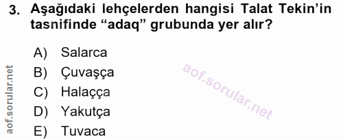3. soru: Aşağıdaki lehçelerden hangisi Talat Tekin'in tasnifinde "adaq" grubunda yer alır? A) Salarca B) Çuvaşça C) Halaçça D)…