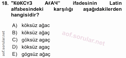 18. soru: "КeKCY3 AFAY" ifadesinin Latin alfabesindeki karşılığı aşağıdakilerden hangisidir? A) köksüz ağac B) köksüz ağaç C) g…