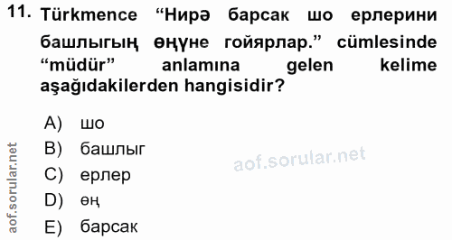 11. soru: Türkmence "Нира барсак шо ерлерини башлыгын, енуне гойярлар." cümlesinde "müdür" anlamına gelen kelime aşağıdakilerde…