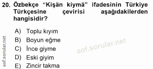 20. soru: Özbekçe "Kişän kiymä" ifadesinin Türkiye Türkçesine çevirisi aşağıdakilerden hangisidir? A) Toplu kıyım B) Boyun eğme…