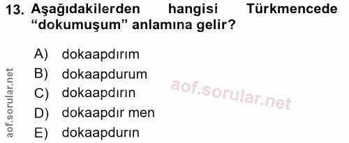 13. soru: Aşağıdakilerden hangisi Türkmencede "dokumuşum" anlamına gelir? A) dokaapdırım B) dokaapdurum C) dokaapdırın D) dokaa…