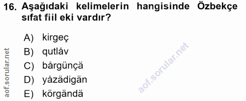 16. soru: Aşağıdaki kelimelerin hangisinde Özbekçe sıfat fiil eki vardır? A) kirgeç B) qutlåv C) bårgünçä D) yåzädigan E) körgändä