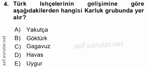4. soru: Türk lehçelerinin gelişimine göre aşağıdakilerden hangisi Karluk grubunda yer alır? A) Yakutça B) Göktürk aof.sorular…