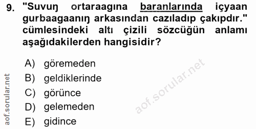 9. soru: "Suvun ortaraagına baranlarında içyaan gurbaagaanın arkasından cazıladıp çakıpdır." cümlesindeki altı çizili sözcüğün…