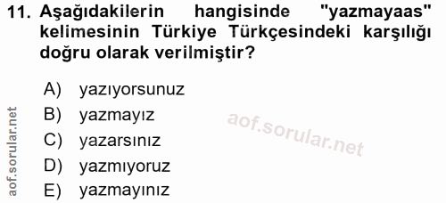 11. soru: Aşağıdakilerin hangisinde "yazmayaas" kelimesinin Türkiye Türkçesindeki karşılığı doğru olarak verilmiştir? A) yazıyo…