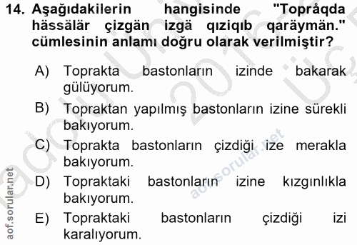 14. soru: Aşağıdakilerin hangisinde , "Topråqda hässälär çizgän izgä qıziqıb qaräymän." cümlesinin anlamı doğru olarak verilmiş…