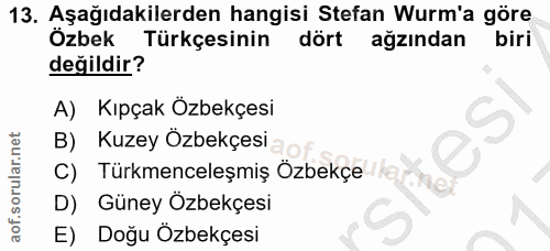 13. soru: Aşağıdakilerden hangisi Stefan Wurm'a göre Özbek Türkçesinin dört ağzından biri değildir? A) Kıpçak Özbekçesi B) Kuze…