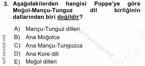 3. soru: Aşağıdakilerden hangisi Poppe'ye göre Moğol-Mançu-Tunguz dil birliğinin dallarından biri değildir? A) Mançu-Tunguz di…