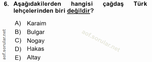 6. soru: Aşağıdakilerden hangisi çağdaş Türk lehçelerinden biri değildir? A) Karaim B) Bulgar C) Nogay D) Hakas E) Altay