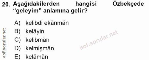 20. soru: Aşağıdakilerden hangisi Özbekçede "geleyim" anlamina gelir? A) kelibdi känmän B) keläyin C) kelibmän D) kelmişmän E)…