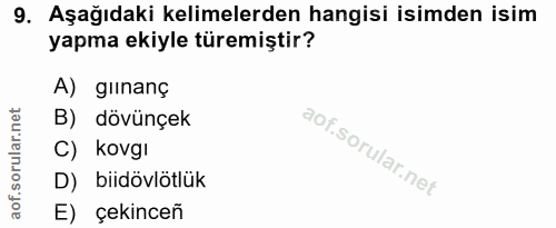 9. soru: Aşağıdaki kelimelerden hangisi isimden isim yapma ekiyle türemiştir? A) giinanç B) dövünçek C) kovgı D) bidövlötlük E…