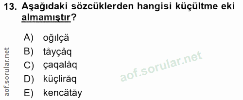 13. soru: Aşağıdaki sözcüklerden hangisi küçültme eki almamıştır? A) oğılçä B) tåyçaq C) çaqalåq D) küçliråq E) kencätåy