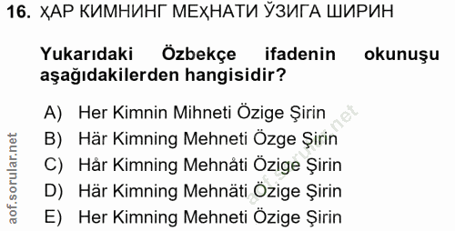 16. soru: ХАР КИМНИНГ МЕХНАТИ УЗИГА ШИРИН Yukarıdaki Özbekçe ifadenin okunuşu aşağıdakilerden hangisidir? A) Her Kimnin Mihneti…