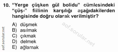10. soru: "Yerge çüşken gül bolidu" cümlesindeki "çüş-" fiilinin karşılığı aşağıdakilerden hangisinde doğru olarak verilmiştir?…