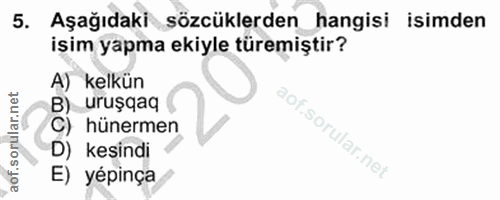 5. soru: Aşağıdaki sözcüklerden hangisi isimden isim yapma ekiyle türemiştir? A) kelkün B) uruşqaq C) hünermen D) kesindi E) y…