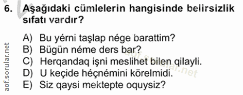 6. soru: Aşağıdaki cümlelerin hangisinde belirsizlik sıfatı vardır? A) Bu yérni taşlap nége barattim? B) Bügün néme ders bar?…