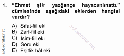 1. soru: "Ehmet şiir yazğançe hayacanlınattı." cümlesinde aşağıdaki eklerden hangisi vardır? A) Sifat-fiil eki B) Zarf-fiil ek…
