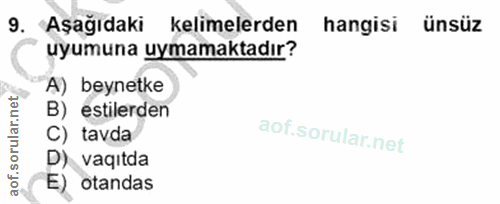 9. soru: Aşağıdaki kelimelerden hangisi ünsüz uyumuna uymamaktadır? A) beynetke B) estilerden C) tavda D) vaqitda E) otandas