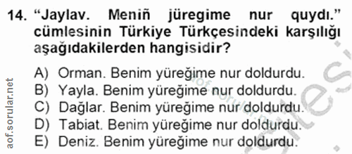 14. soru: "Jaylav. Meniñ jüregime nur quydı." cümlesinin Türkiye Türkçesindeki karşılığı aşağıdakilerden hangisidir? A) Orman.…