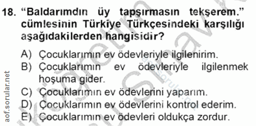 18. soru: "Baldarımdın üy tapşırmasın tekşerem." cümlesinin Türkiye Türkçesindeki karşılığı aşağıdakilerden hangisidir? A) Çocu…