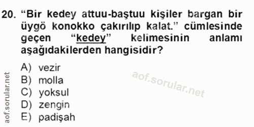 20. soru: "Bir kedey attuu-baştuu kişiler bargan bir üygö konokko çakırılıp kalat." cümlesinde geçen "kedey" kelimesinin anlamı…