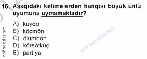 16. soru: Aşağıdaki kelimelerden hangisi büyük ünlü uyumuna uymamaktadır? A) küyöö B) köçmön C) ölümdön D) körsötküç E) partiya