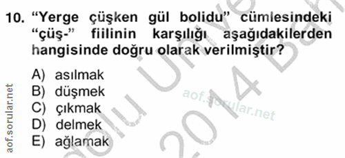 10. soru: "Yerge çüşken gül bolidu" cümlesindeki "çüş-" fiilinin karşılığı aşağıdakilerden hangisinde doğru olarak verilmiştir?…