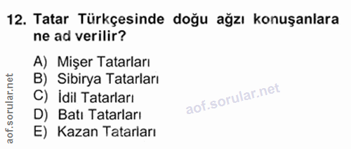 12. soru: Tatar Türkçesinde doğu ağzı konuşanlara ne ad verilir? A) Mişer Tatarları B) Sibirya Tatarları C) İdil Tatarları D) B…