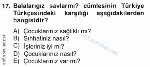 17. soru: Balalarıgız savlarmı? cümlesinin Türkiye Türkçesindeki karşılığı aşağıdakilerden hangisidir? A) Çocuklarınız sağlıklı…