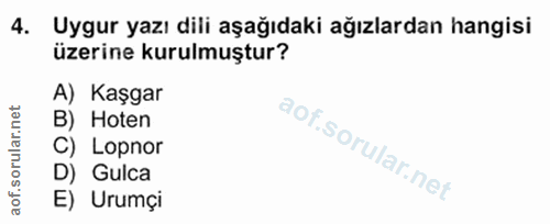 4. soru: Uygur yazı dili aşağıdaki ağızlardan hangisi üzerine kurulmuştur? A) Kaşgar B) Hoten C) Lopnor D) Gulca E) Urumçi