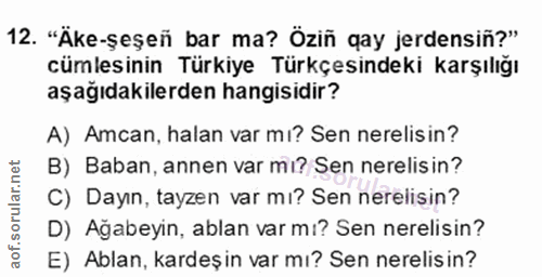 12. soru: "Äke-şeşeñ bar ma? Öziñ qay jerdensiñ?" cümlesinin Türkiye Türkçesindeki karşılığı aşağıdakilerden hangisidir? A) Amc…