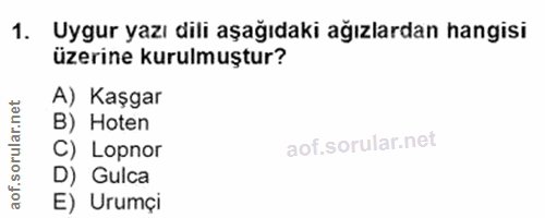 1. soru: Uygur yazı dili aşağıdaki ağızlardan hangisi üzerine kurulmuştur? A) Kaşgar rular.n B) Hoten C) Lopnor D) Gulca aof.…