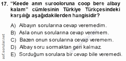 17. soru: "Keede anın surooloruna coop bere albay kalam" cümlesinin Türkiye Türkçesindeki karşılığı aşağıdakilerden hangisidir?…