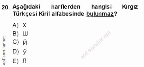 20. soru: Aşağıdaki harflerden hangisi Kırgız Türkçesi Kiril alfabesinde bulunmaz? A) X в) Ш C) Й D) ÿ Е) Л